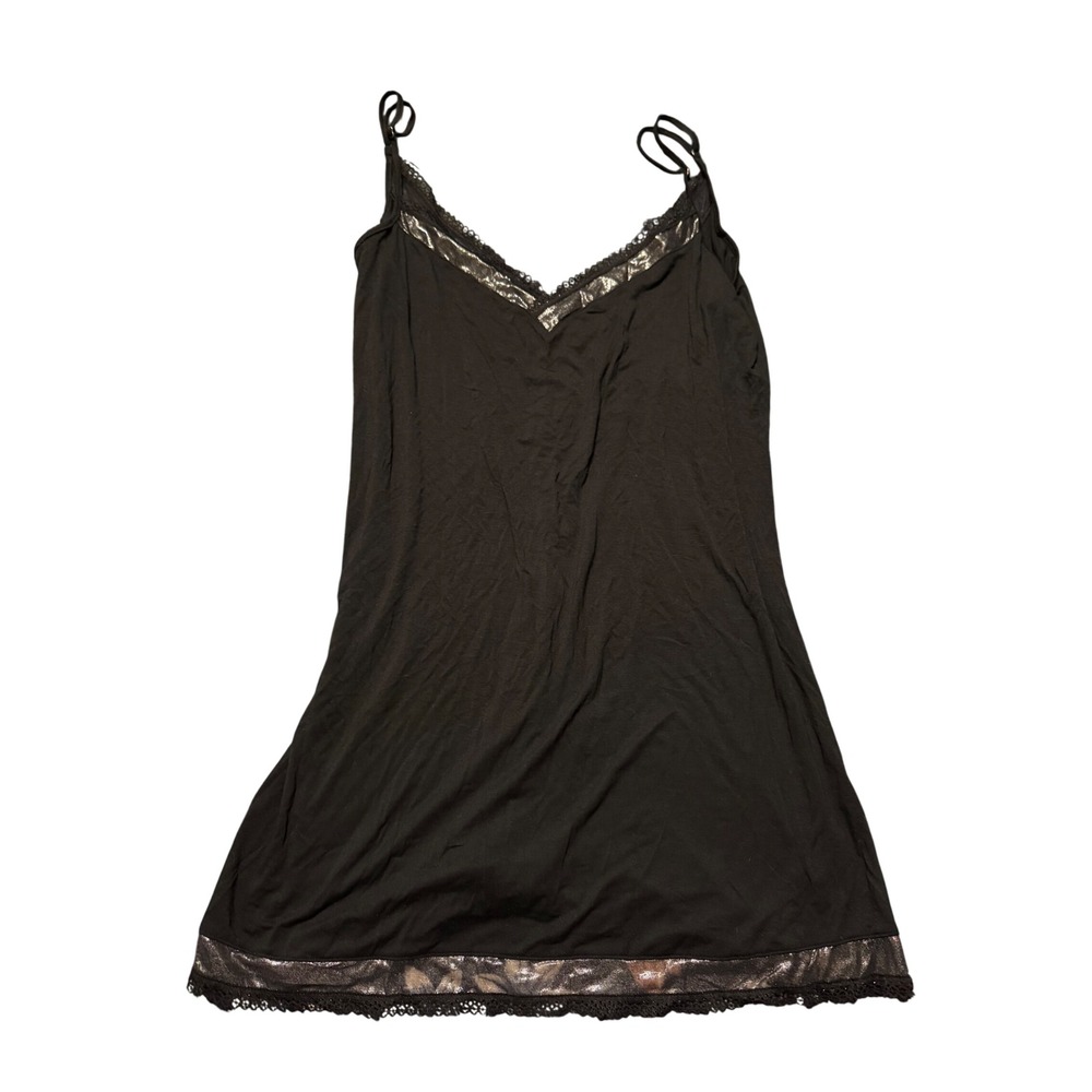 Victorias Secret Black Metallic Silver Lace Trim Chemise Nightgown Large